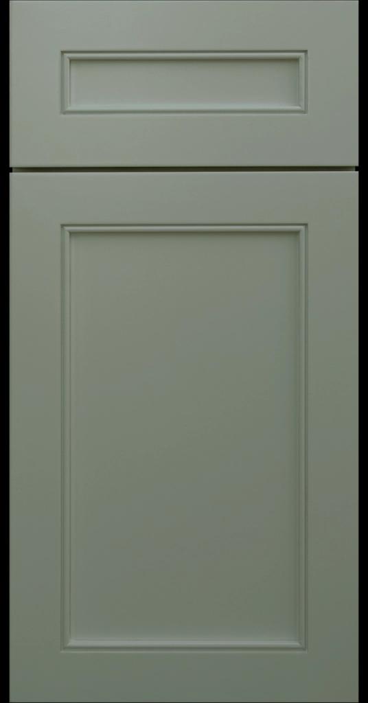 Alpine-style mitered shaker cabinet in Evergreen with a flat center panel and inside bead detail.
